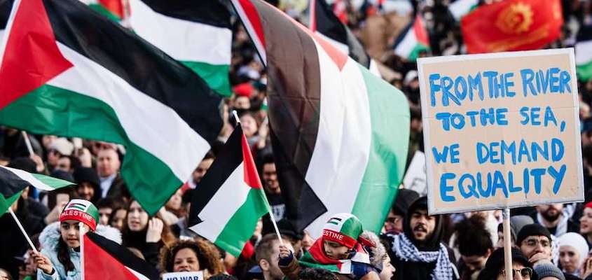 Pro-Palestinian protestors rally in support of Palestinians in Gaza waving Palestine flags
