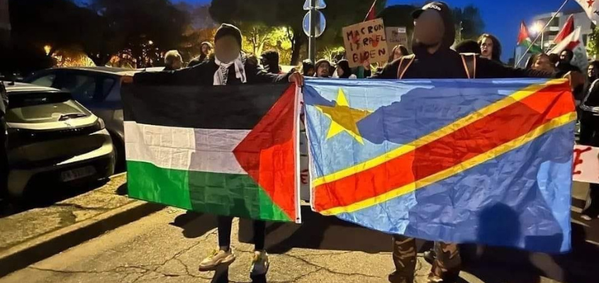Two demonstrators standing side by side with one holding Palestine flag and other holding DR Congo flag