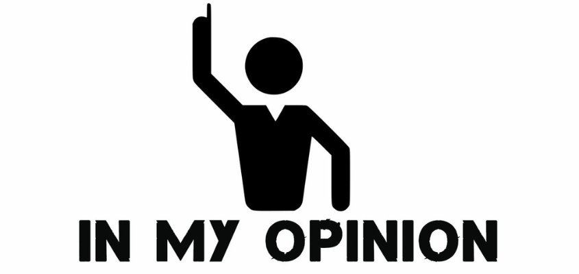 Black and white clip art image of a person pointing. Under, it says "in my opinion"