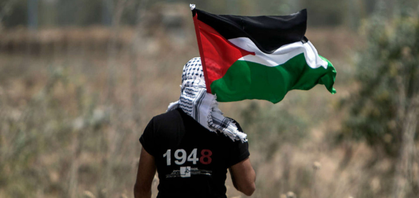 Man in a field wearing a keffiyah holding a Palestinian flag