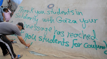 Message of solidarity on a tent in Gaza