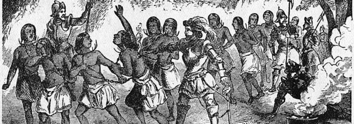 Sketch of colonizers assaulting Indigenous people