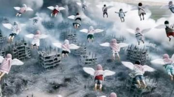 Children flying over a destroyed Gaza