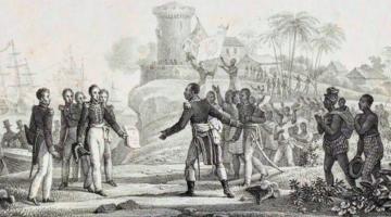 A lithograph print of the July 3, 1825 landing of French gunboats in Port-au-Prince