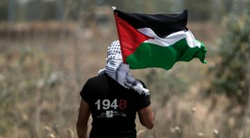 Man in a field wearing a keffiyah holding a Palestinian flag